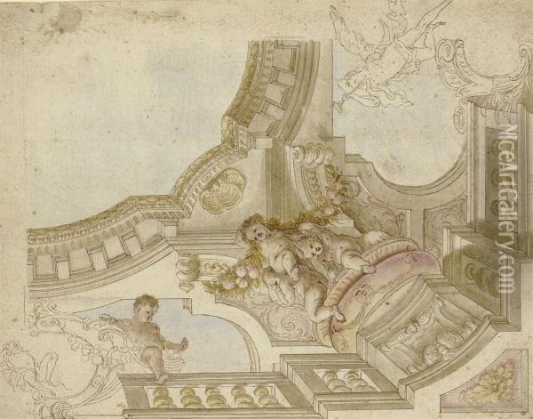Design For A Corner Of A Ceiling With Putti Above A Balustrade Andswags Of Fruit Oil Painting - Johann Rudolf Huber