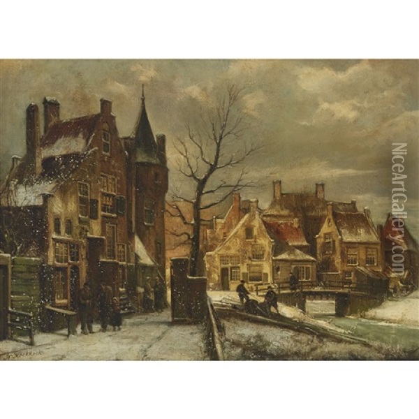 Town Scene In Snow (enkhuizen?) Oil Painting - Willem Koekkoek