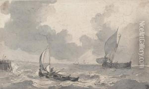 Fishing Boats In A Rough Sea Oil Painting - Johannes Christian Schotel