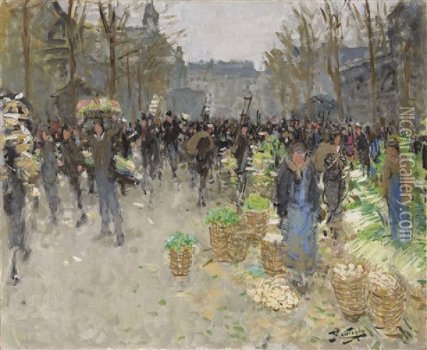 Les Halles, Le Marche Aux Legumes Oil Painting - Pierre Eugene Montezin