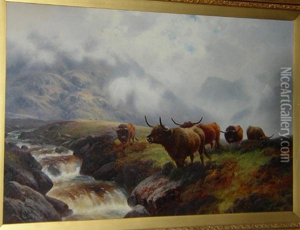Highland Cattle, Near Inversnaid, Loch Lomond, Nb Oil Painting - Harold Hall