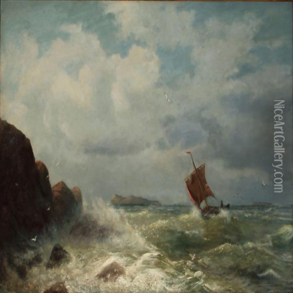 Rocky Coast With A Sailboat In High Waves Oil Painting - Friedrich Wilhelm Fabarius