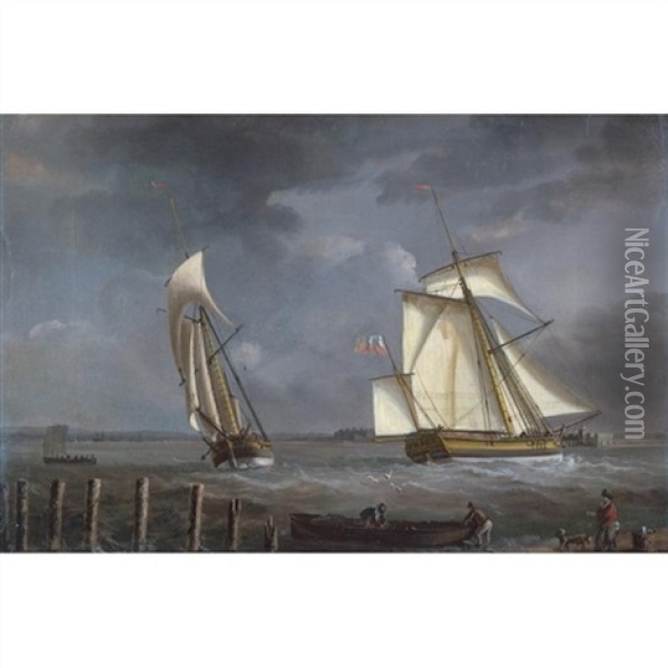 A Vessel In Two Positions Approaching Portsmouth Harbour Oil Painting - William Elliott
