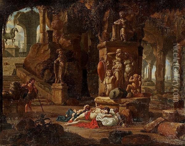 Diana And A Nymph Asleep In A Grotto Oil Painting - Abraham Storck