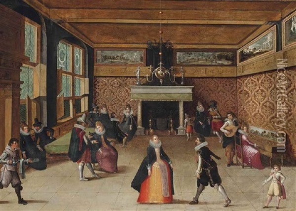 Elegant Company Dancing, Conversing And Making Music In An Interior Oil Painting - Louis de Caullery