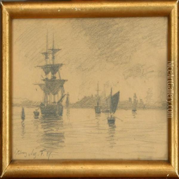 Ships Off Goteborg, Scenery From Riva And A Norwegian Landscape Oil Painting - August Fischer
