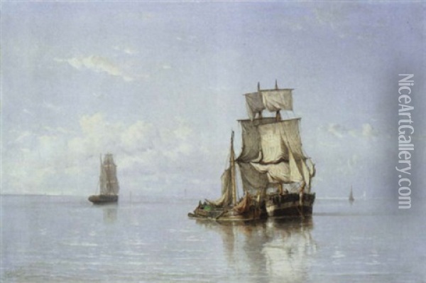 Fischkutter Auf Ruhiger See Oil Painting - Johannes Frederick Schuetz