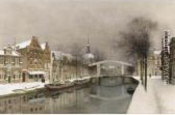 A Wintry View Of Leiden Oil Painting - Johannes Christiaan Karel Klinkenberg
