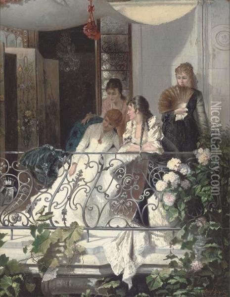 Elegant Company On A Balcony Oil Painting - Josef Gisela