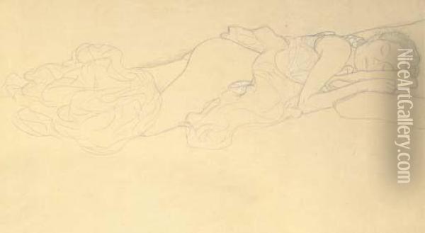 Auf Dem Bauch Liegender Halbakt Nach Rechts, Den Kopf Auf Den Oberarm Gelegt Oil Painting - Gustav Klimt
