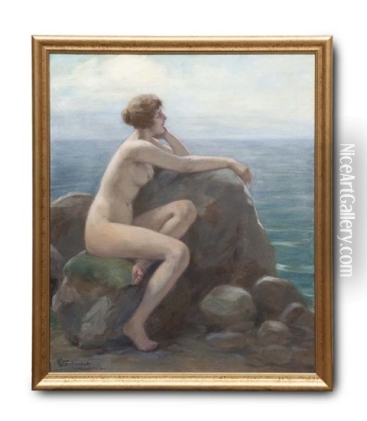 Weiblicher Akt Auf Felsen Vor Dem Meer Oil Painting - Victor Schivert