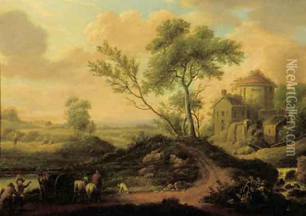 Travellers on a path by a mansion in a landscape, at sunset Oil Painting - Flemish School