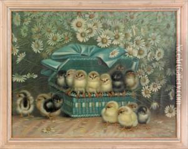 Fifteen Chicks Playing In A Blue Basket Surrounded By Daisies Oil Painting - Ben Austrian