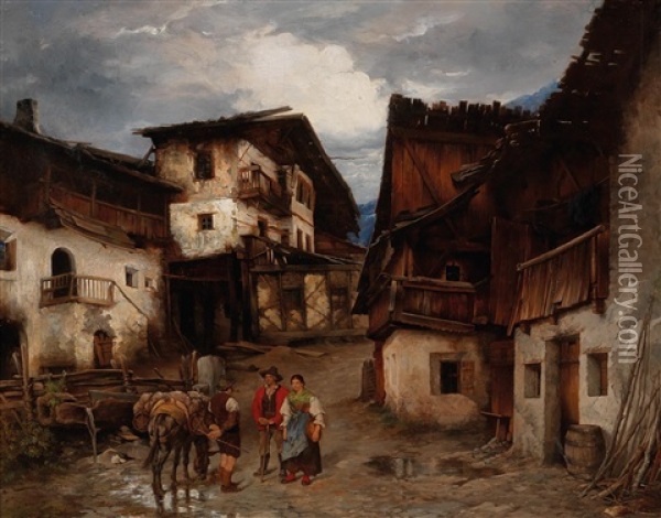 Tyrolean Village Scene Oil Painting - Victor Sieger