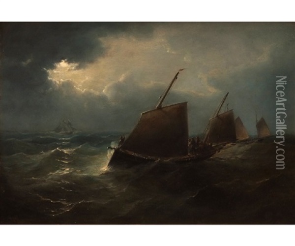 Fishing Boats In Moonlit Sea Oil Painting - John Moore Of Ipswich