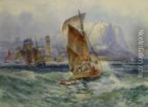 Boats Under Sail Approaching Scarborough Harbour Oil Painting - Robert Ernest Roe