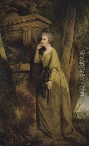 Portrait Of Dorothy Gell 
(1758-1808), Of Hopton, Full-length, In A Green Dress, Leaning Against A
 Sarcophagus, In A Landscape Oil Painting - Josepf Wright Of Derby