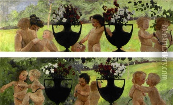 Venus Med Amoriner (pair Of Wall Panels) Oil Painting - Gottfried Kallstenius