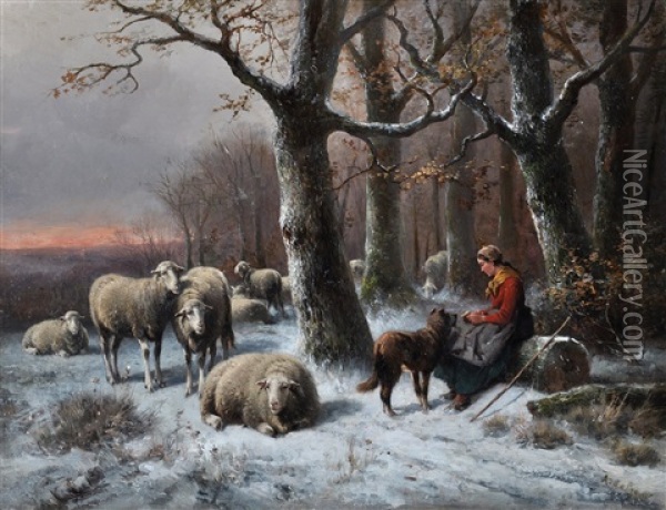 A Shepherdess Tending Her Flock Among Trees In Winter Oil Painting - Alexis de Leeuw
