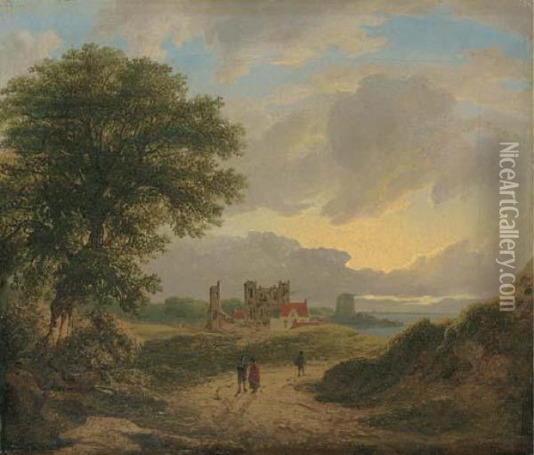 A View Of Bullock Castle And Bawn, Dalkey, Co. Dublin Oil Painting - James Arthur O'Connor