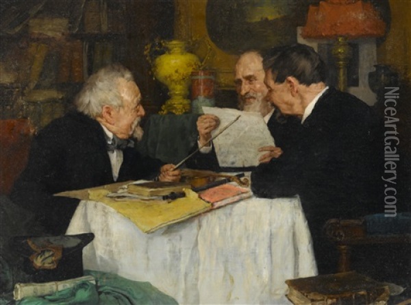 Gentlemen Discussing Music Oil Painting - Louis Charles Moeller