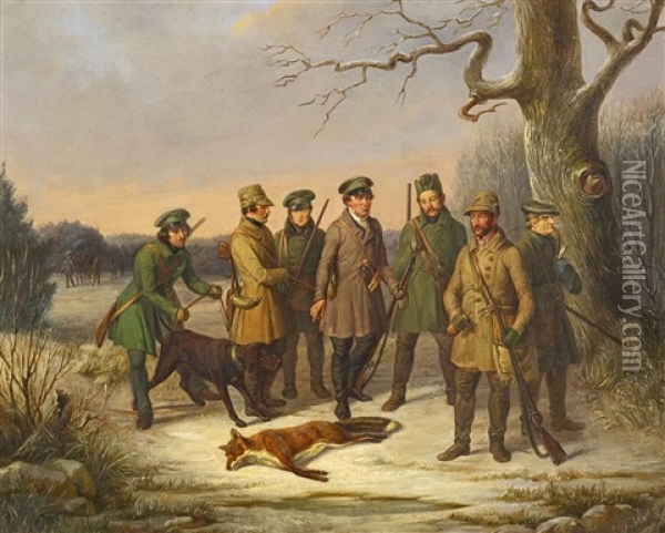Sachsische Jagdgesellschaft Mit Erlegtem Fuchs Oil Painting - Ferdinand von Rayski