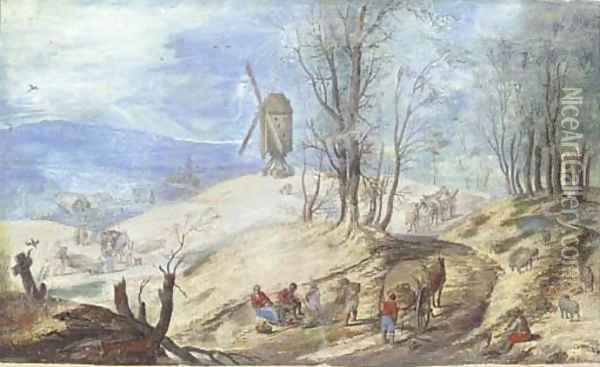 A hilly wooded landscape with a windmill Oil Painting - Jan The Elder Brueghel