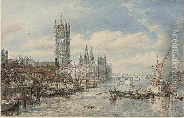 Houses Of Parliament And Westminster Bridge From The South Bank Of The River Thames Oil Painting - William Parrott