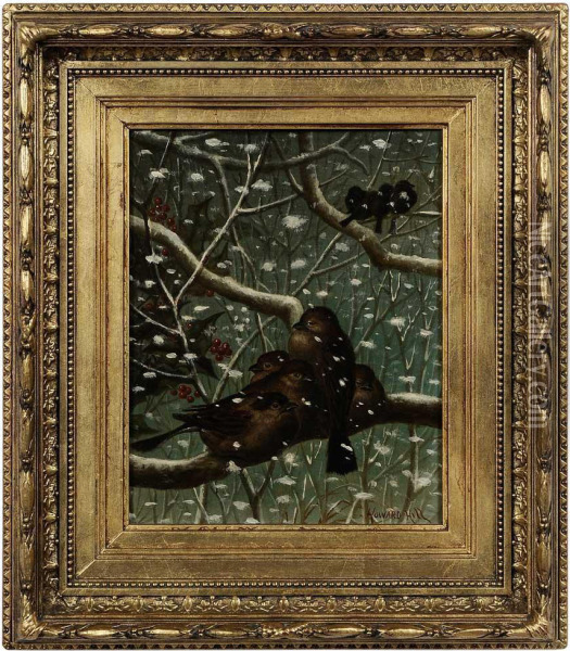 Birds On Branches With Snowfall Oil Painting - Howard Hill