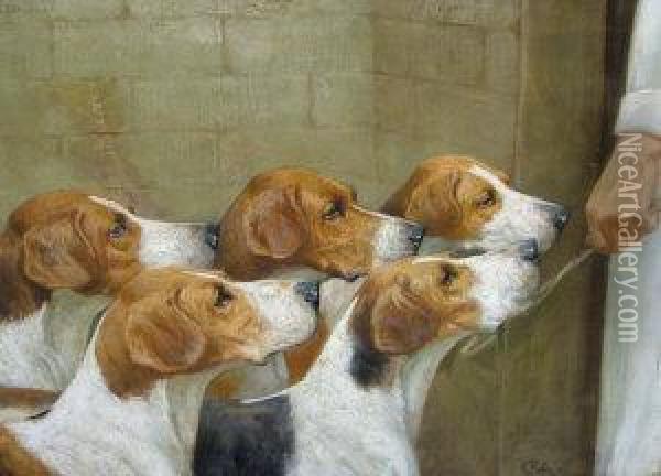 Group Portrait Of Five Hunting Hounds Oil Painting - George Paice