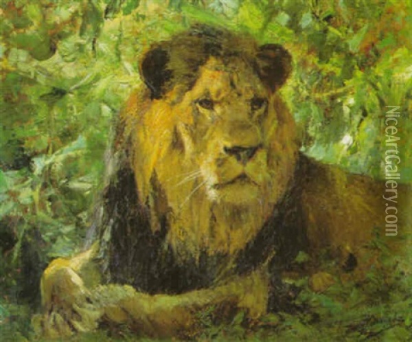 Lowe Im Grunen Oil Painting - Wilhelm Friedrich Kuhnert