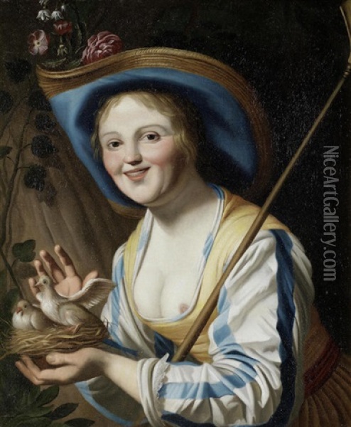 Portrait Of A Shepherdess With A Bird Nest Oil Painting - Gerrit Van Honthorst