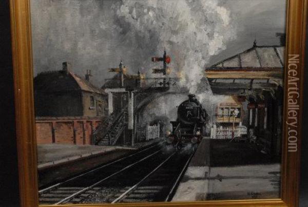 A Pair, Steam, Long Eaton Station And Leaving The Platform Oil Painting - William Richardson Hind G