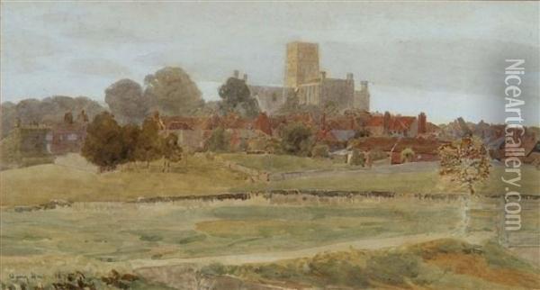 St Albans Abbey From Sopwell Oil Painting - Harry T. Hine