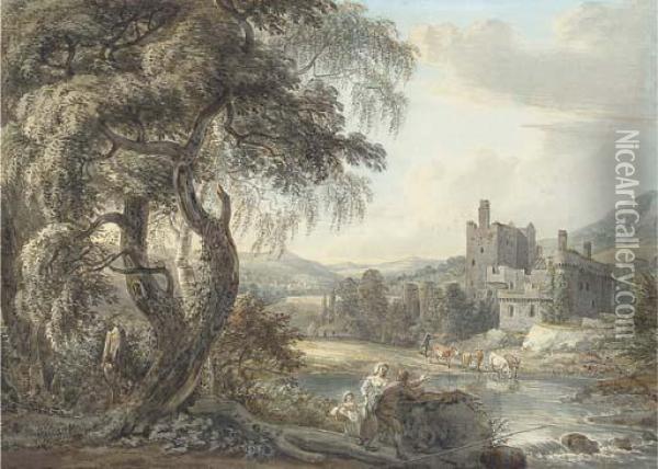 A Wooded River Landscape With Figures And Cattle, A Castle Beyond Oil Painting - Paul Sandby