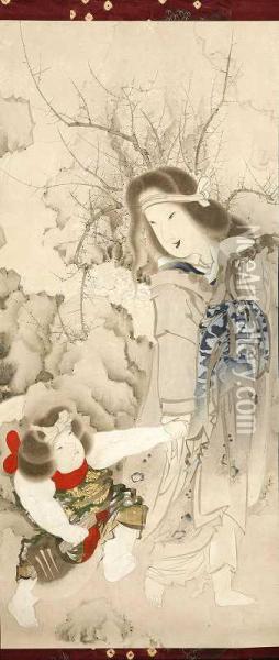 Crazy Old Woman And Kintoki Oil Painting - Hotei Gosei