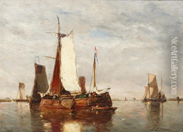 Dutch Fishing Boats In An Estuary Oil Painting - Paul Jean Clays