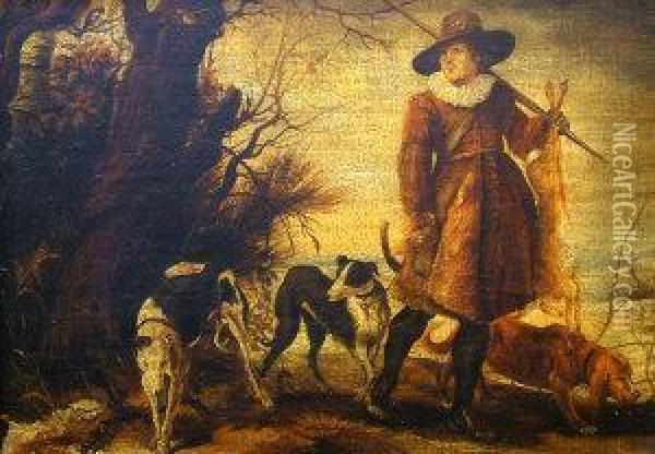 A Huntsman With Three Dogs Amongstwoodland Oil Painting - David The Younger Teniers