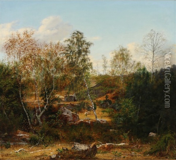Swedish Landscape With A Resting Boy And A Dog Oil Painting - Christian (Jens C.) Thorrestrup
