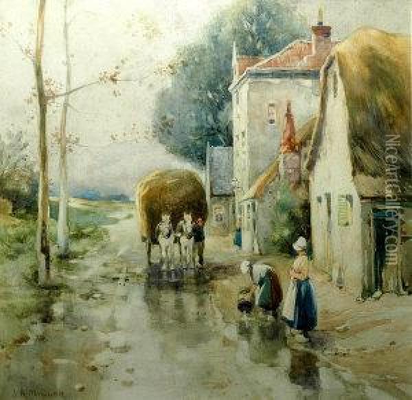 Haycart Approaching A Tavern Oil Painting - James Robertson Miller