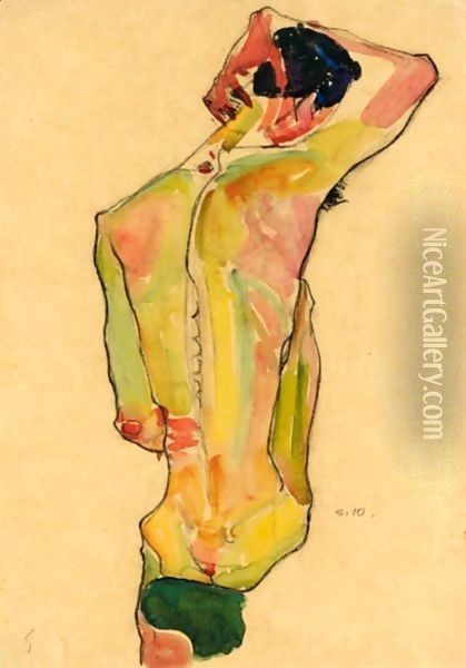 Sitzender Mannlicher Ruckenakt (Seated Male Nude, Back View) Oil Painting - Egon Schiele