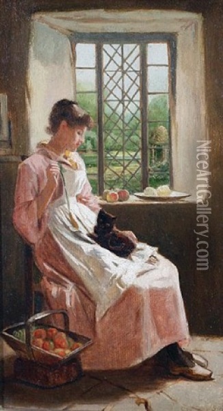 A Young Woman And Her Cat Seated By A Window Oil Painting - Carlton Alfred Smith