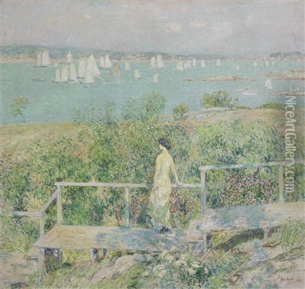 The Yachts, Gloucester Harbor Oil Painting - Childe Hassam