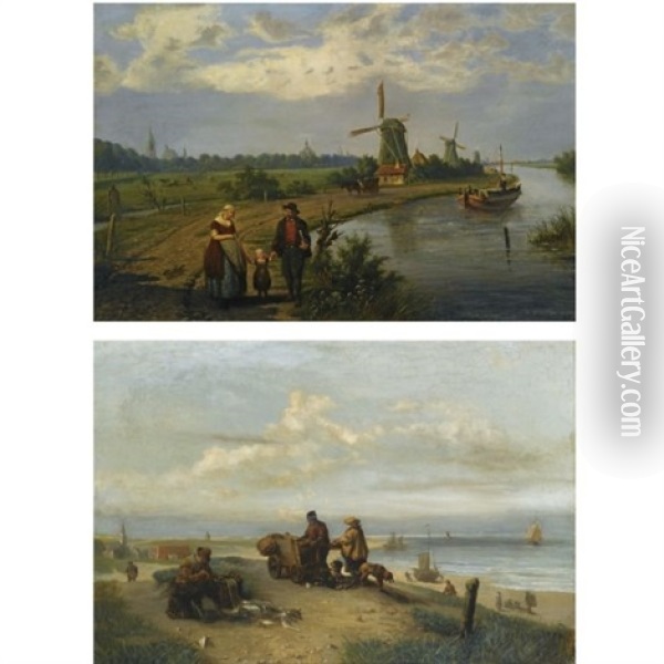 Strolling Along The River On A Sunny Day (+ After A Day's Catch; 2 Works) Oil Painting - Jacobus Van Koningsveld
