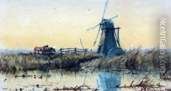 A Norfolk Mill Oil Painting - Charles Harmony Harrison