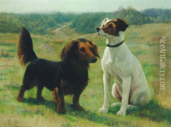 A Daschund And A Jack Russell Terrier Oil Painting - Simon Simonsen