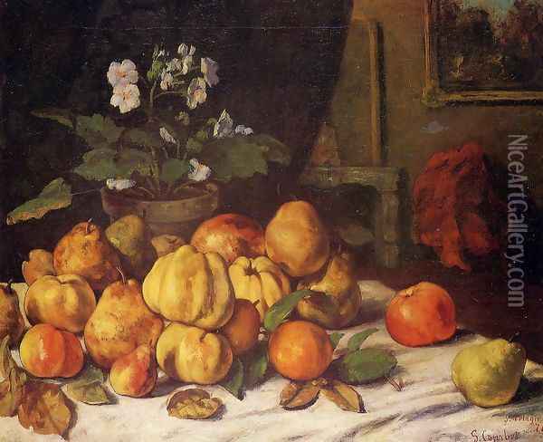 Still Life: Apples, Pears and Primroses on a Table Oil Painting - Gustave Courbet
