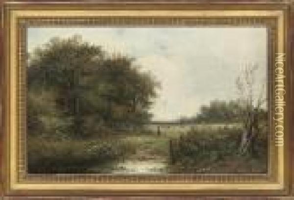 A Herder Approaching A Lily Pond; And Feeding The Chickens Oil Painting - Joseph Thors