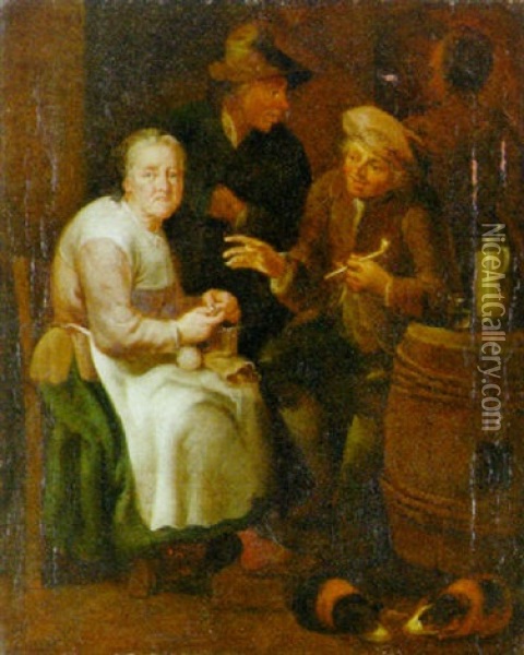 An Old Woman Knitting With A Young Man Smoking A Pipe In An Interior Oil Painting - Jan Josef Horemans the Elder