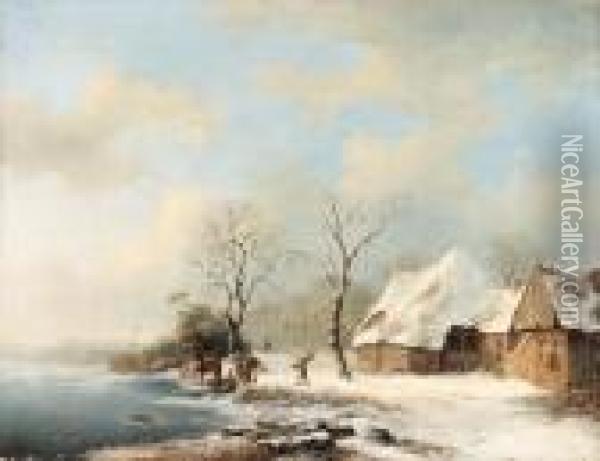 Winter Landscape With Figures On Horseback Near A Barn Oil Painting - Frederik Marianus Kruseman